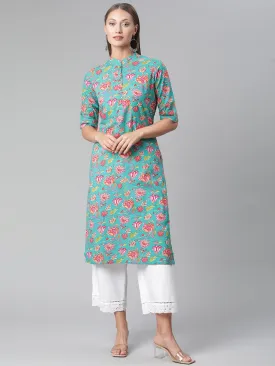 Women'S Green  Floral Print Cotton Straight Kurta