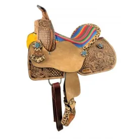 10"  DOUBLE T  BARREL STYLE WESTERN SADDLE WITH SERAPE & CHEETAH ACCENTS