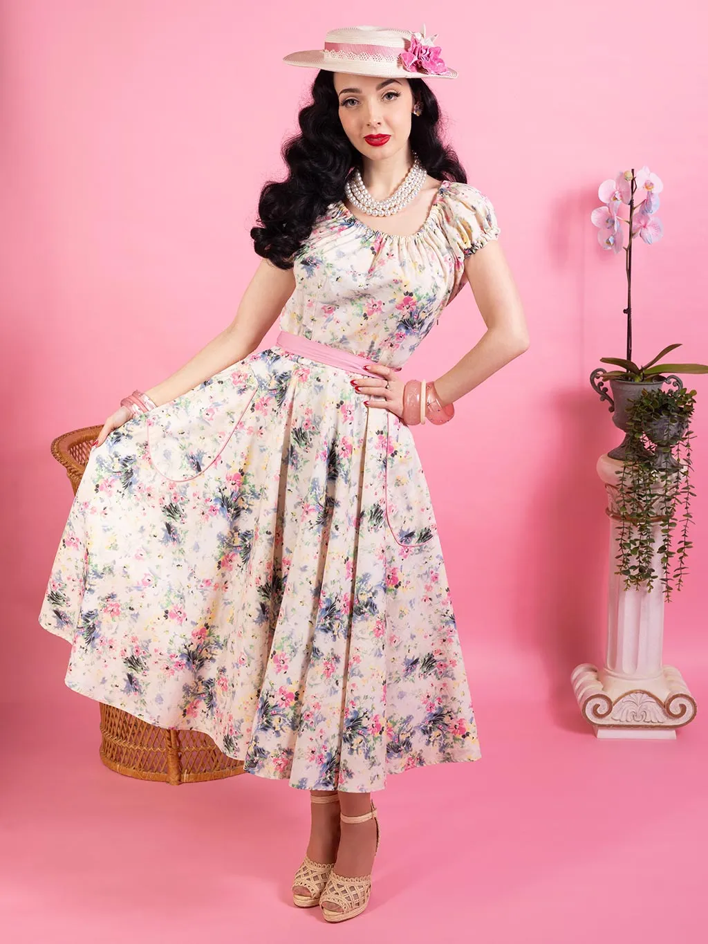 1950s Rita Milkmaid Dress Light Floral