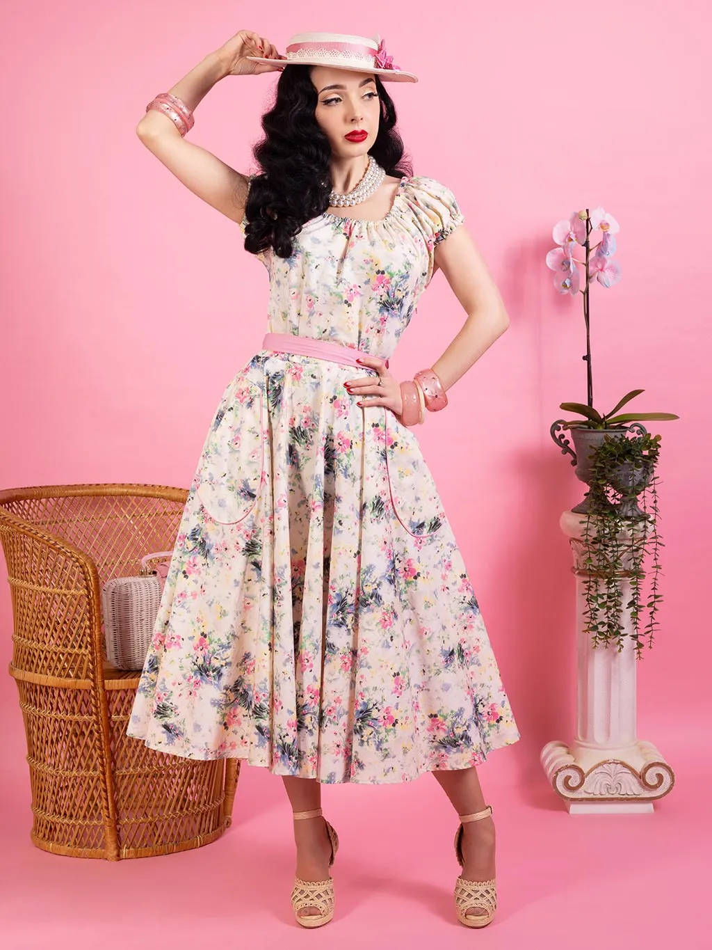 1950s Rita Milkmaid Dress Light Floral