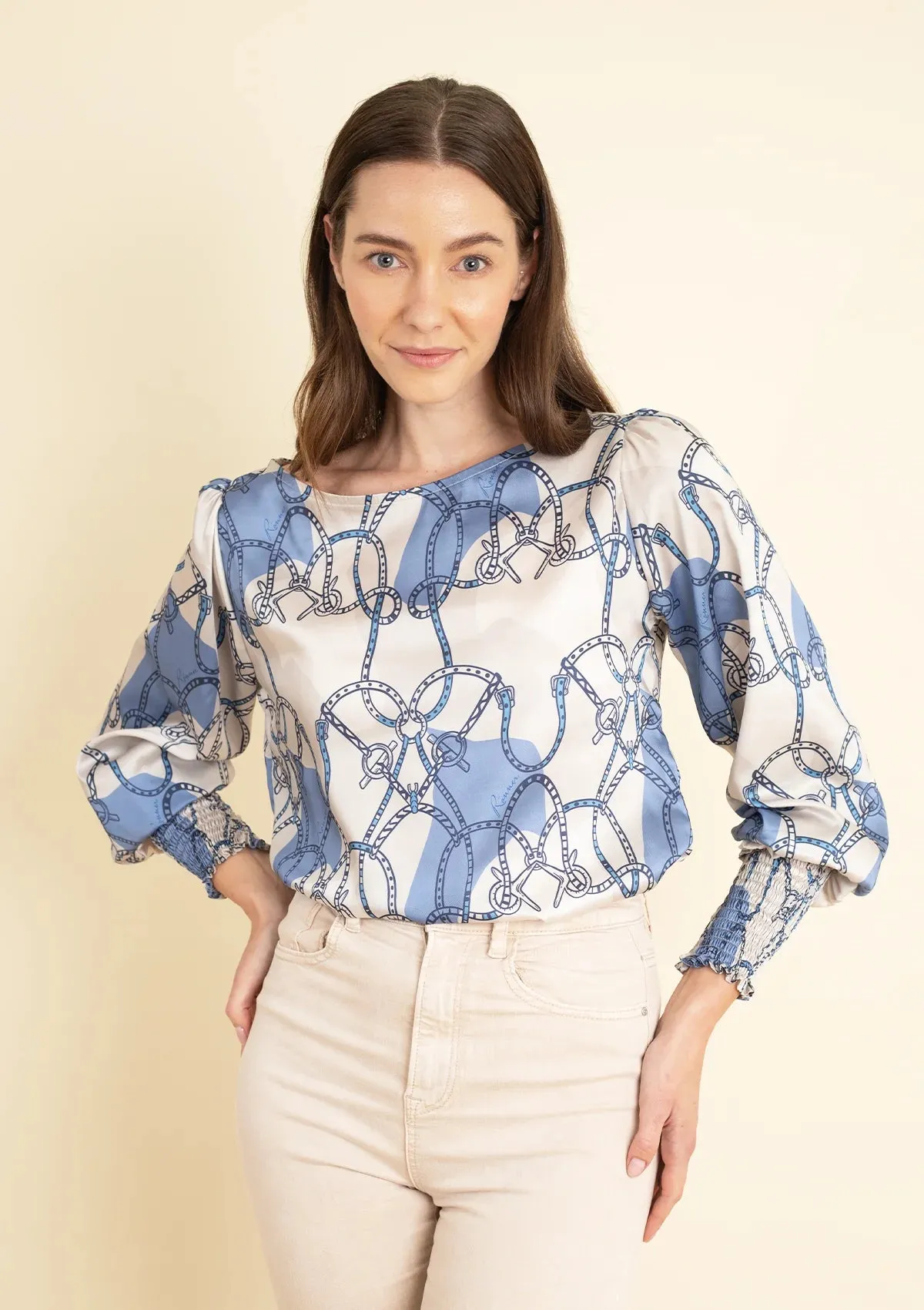 Abigail Blouse | Saddlery Print | Light Blue & Cream