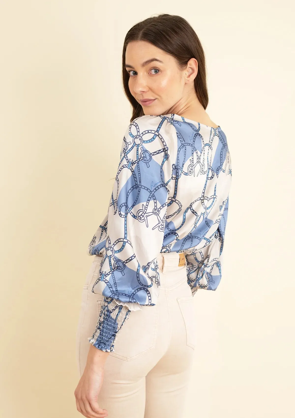 Abigail Blouse | Saddlery Print | Light Blue & Cream