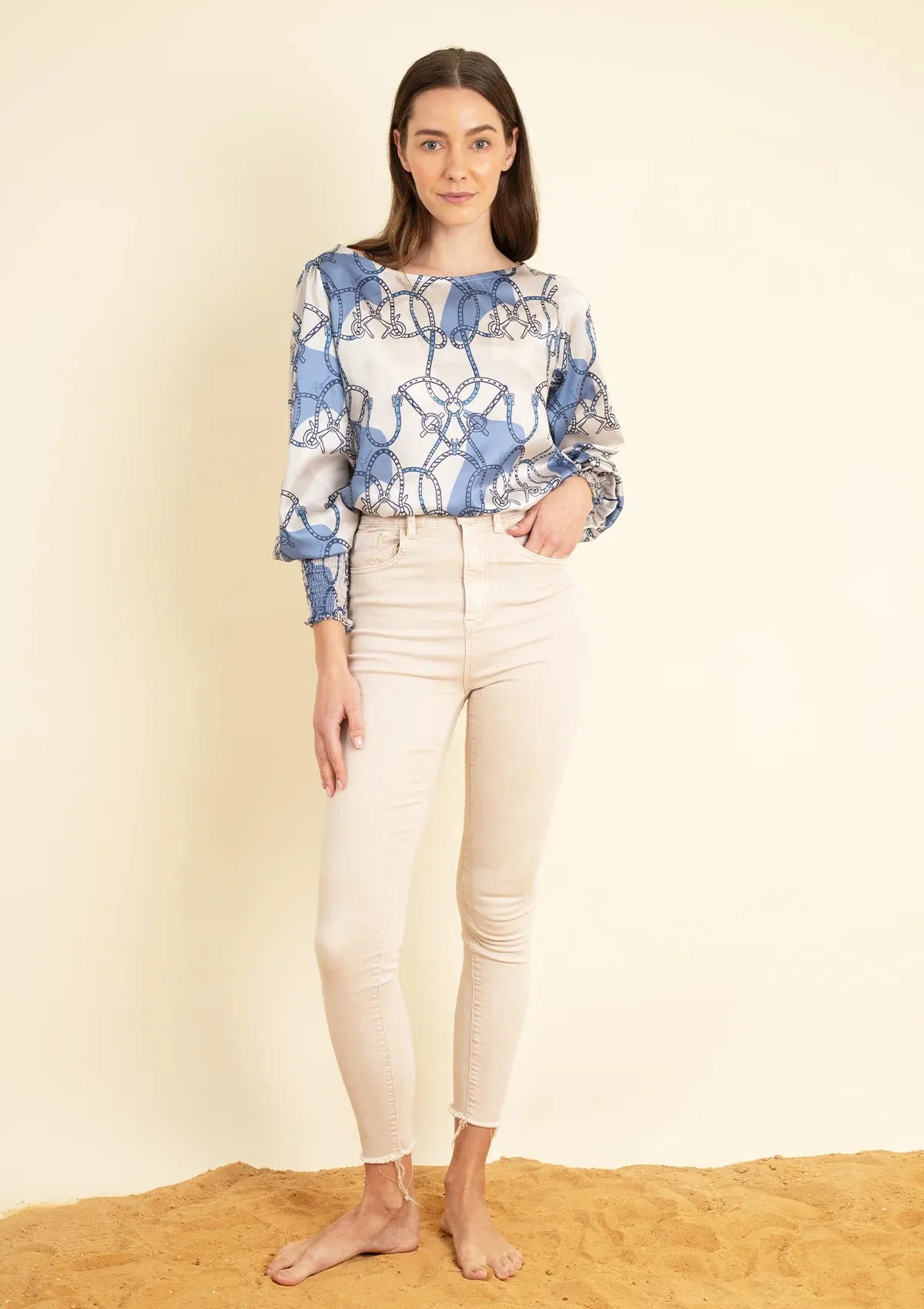 Abigail Blouse | Saddlery Print | Light Blue & Cream