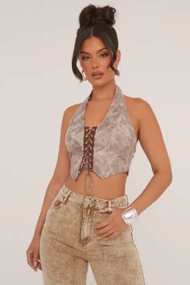 Beige Abstract Print Lace Up Halter Neck Cropped Top - Ayda