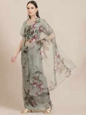 Beige and Green Floral Print Organza Saree