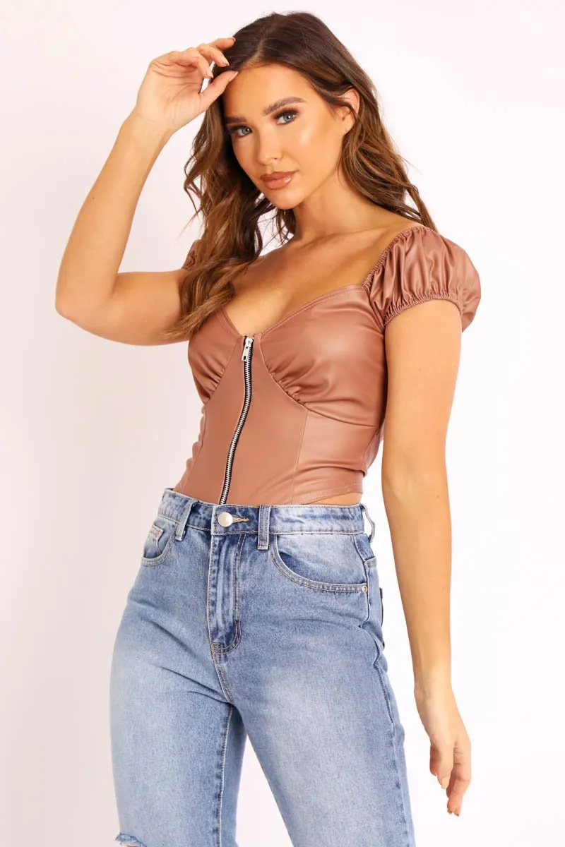 Beige Faux Leather Corset Style Crop Top - Julisa