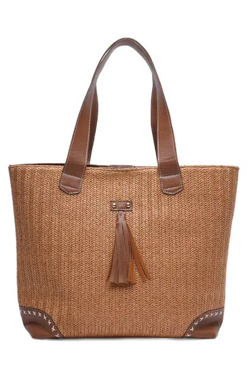 Caramel Raffia Weave Tote Bag