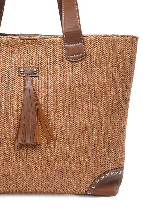 Caramel Raffia Weave Tote Bag