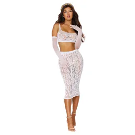 Dreamgirl Lace Fishnet Bralette & Slip Skirt White O/S