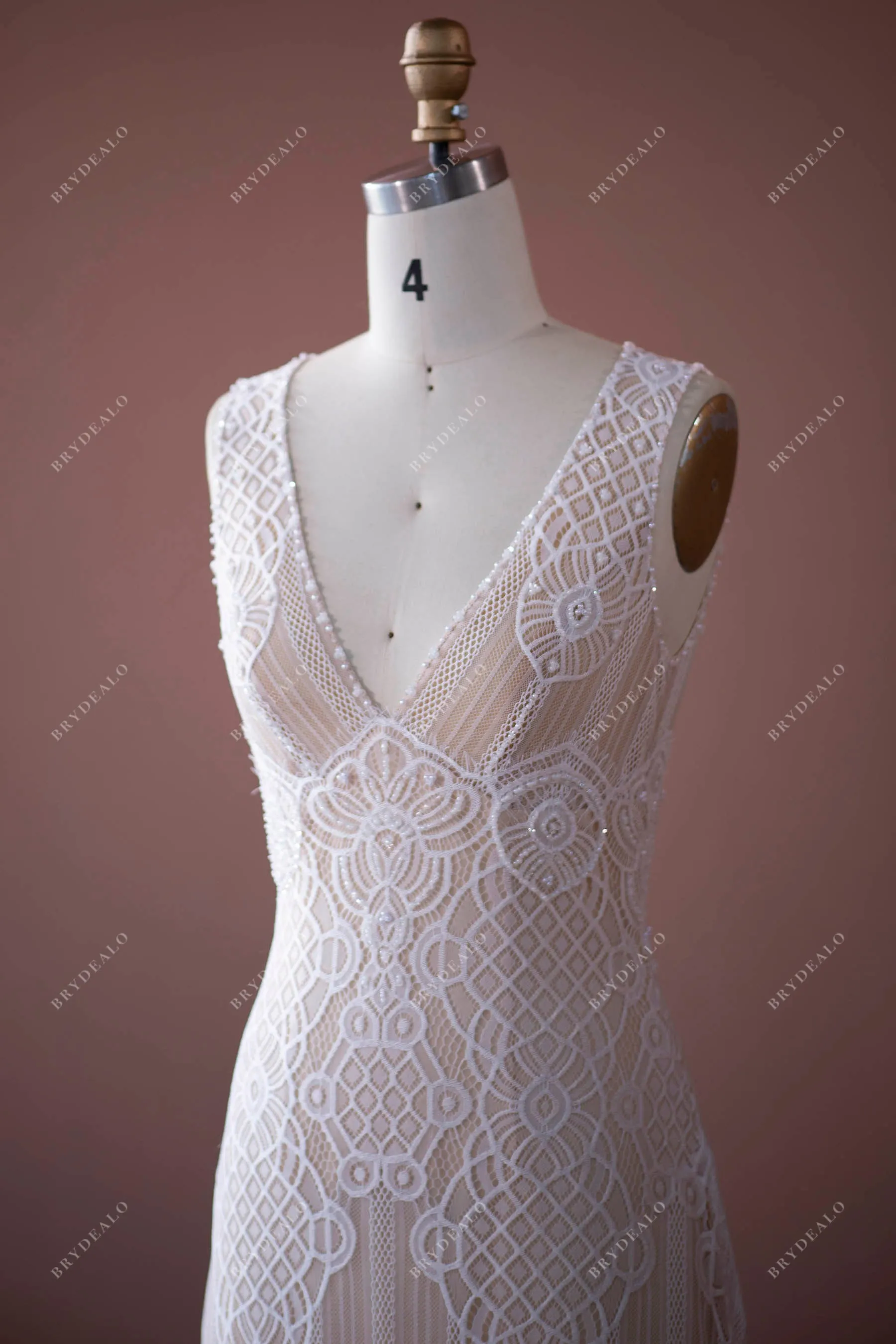 Elegant Pearls Lace Plunging Boho Wedding Dress