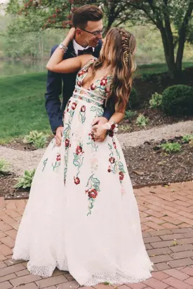 Floral Embroidery Sexy Plunging Neck Open Back Custom Dress