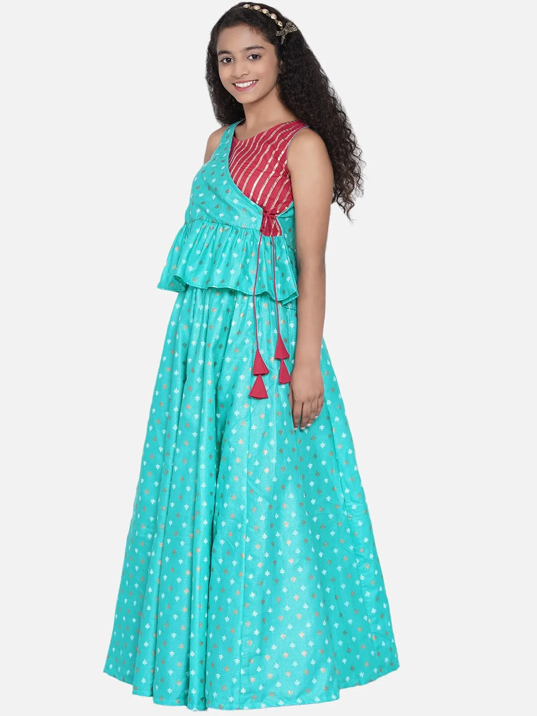 Girls Green & Pink Printed Khari Print Ready To Wear Lehenga & Choli