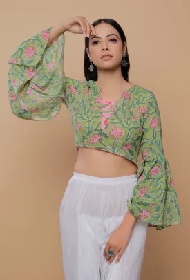 Green And Pink Handblock Printed Cotton V Neck Flat Collar Blouse