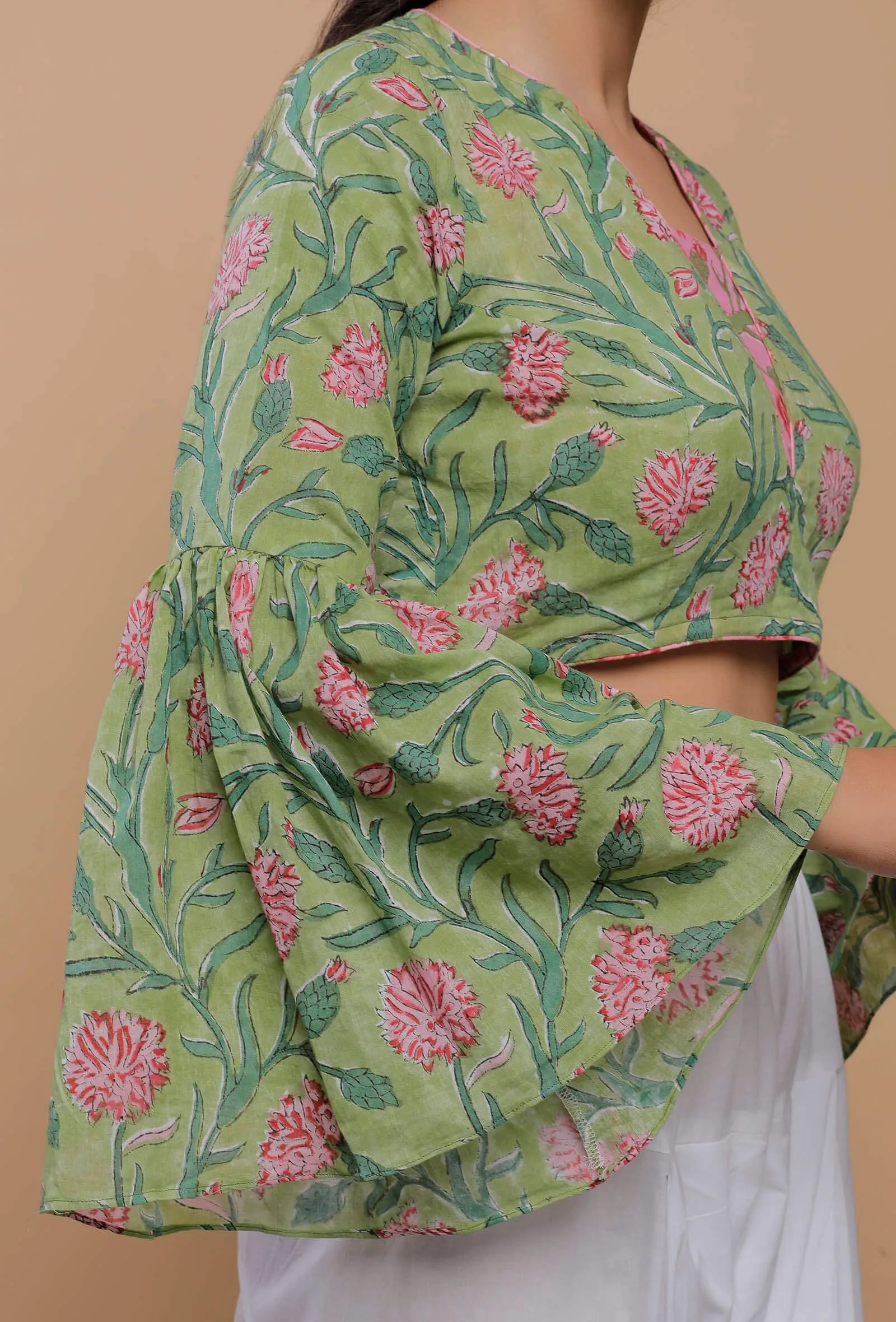 Green And Pink Handblock Printed Cotton V Neck Flat Collar Blouse