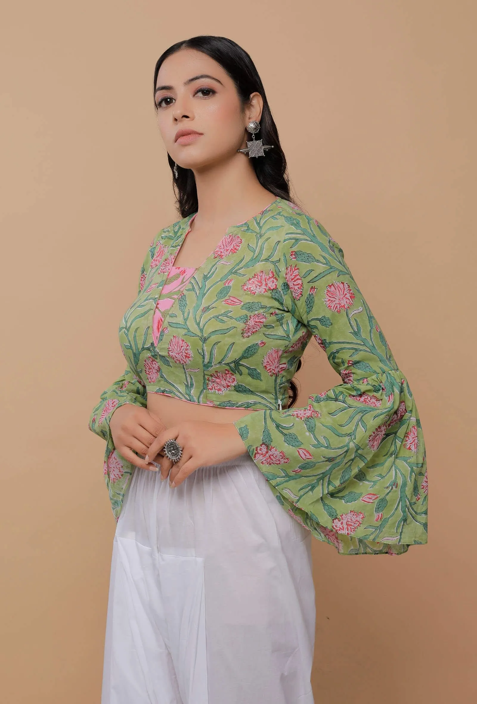 Green And Pink Handblock Printed Cotton V Neck Flat Collar Blouse