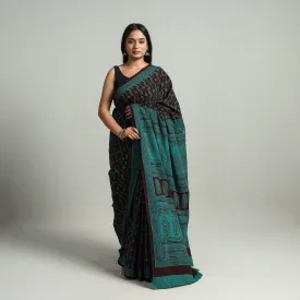 Green - Natural Dyed Bagh Print Cotton Saree with Blouse Piece 16