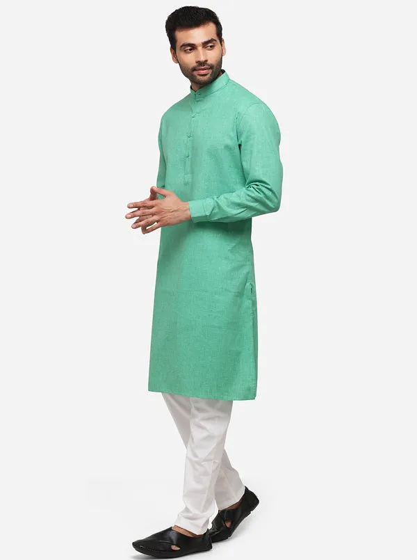 Green Self Textured Regular Fit Modi Kurta | JadeBlue