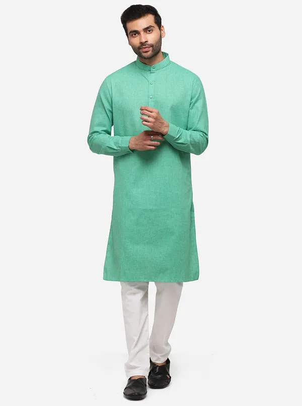 Green Self Textured Regular Fit Modi Kurta | JadeBlue