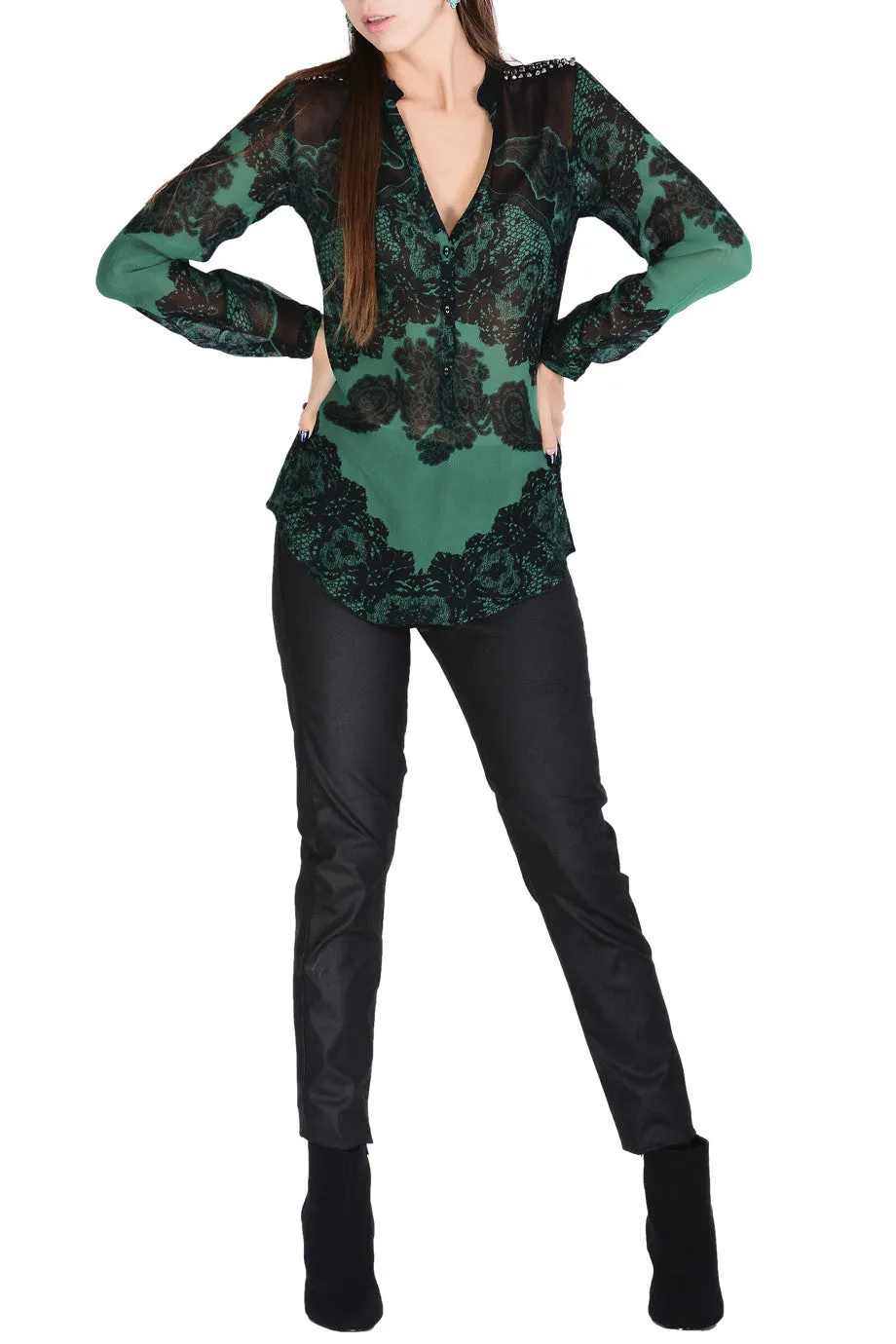 JAEDA Emerald Sheer Paisley Top