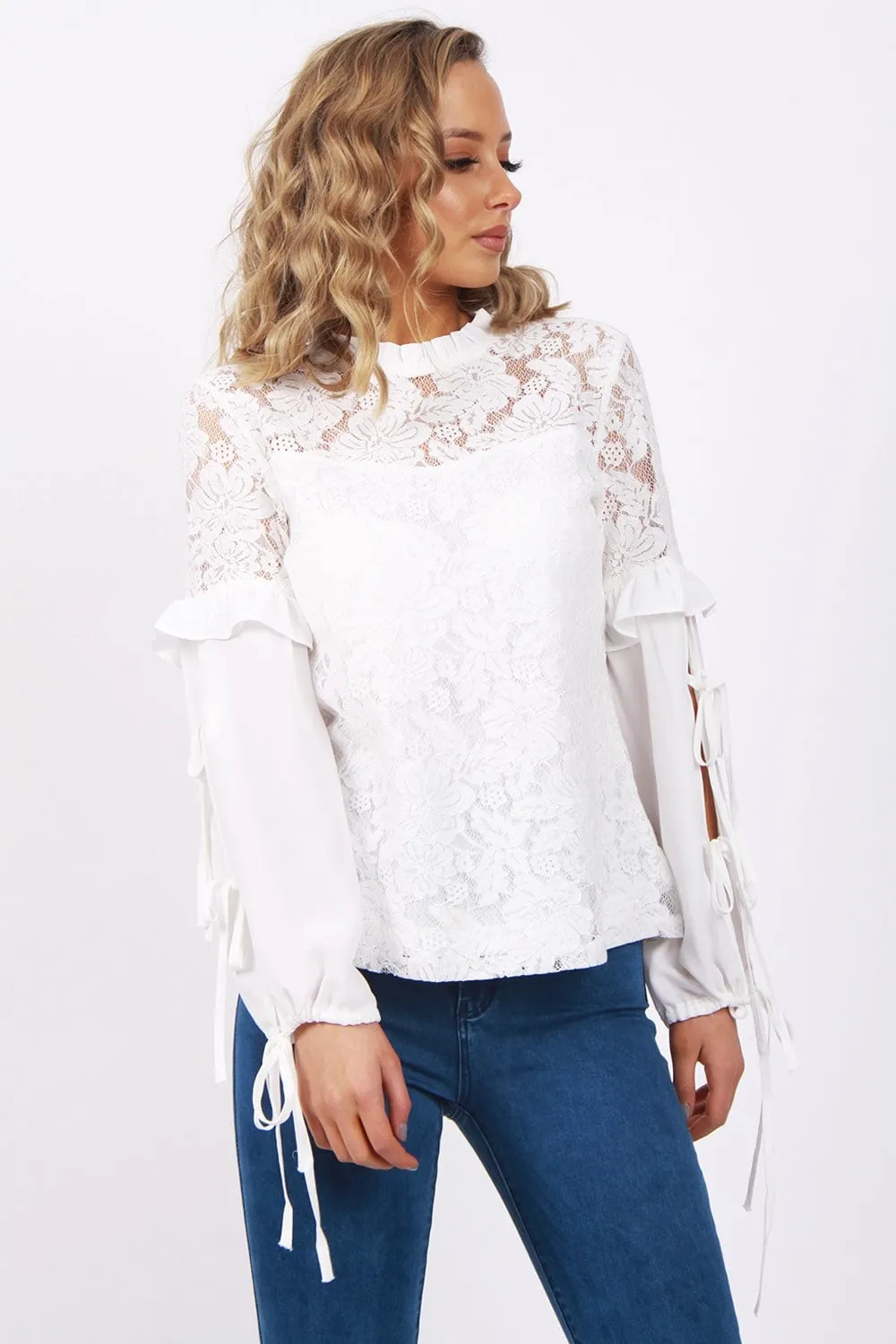 Lace Ruffle Tie Sleeve Blouse Top