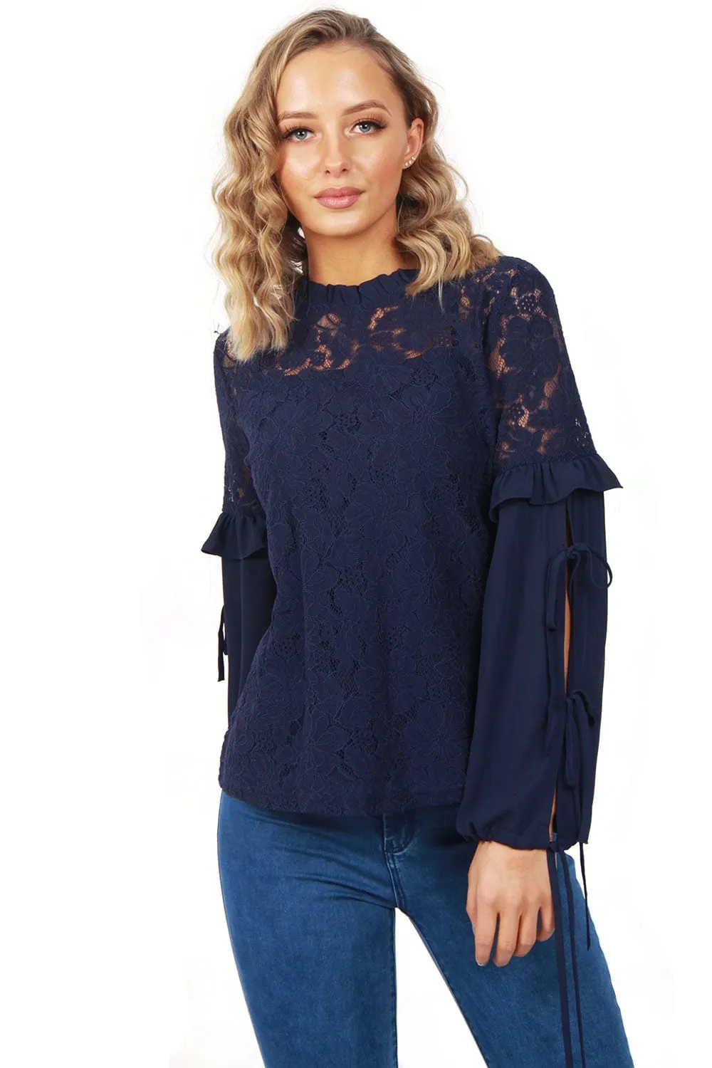 Lace Ruffle Tie Sleeve Blouse Top