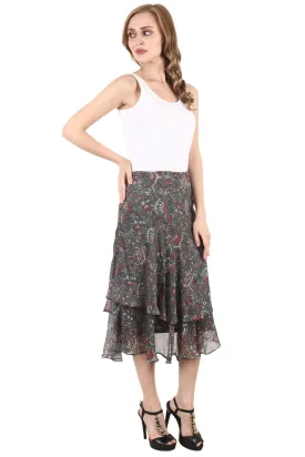 Olive Green Floral Printed Skirt