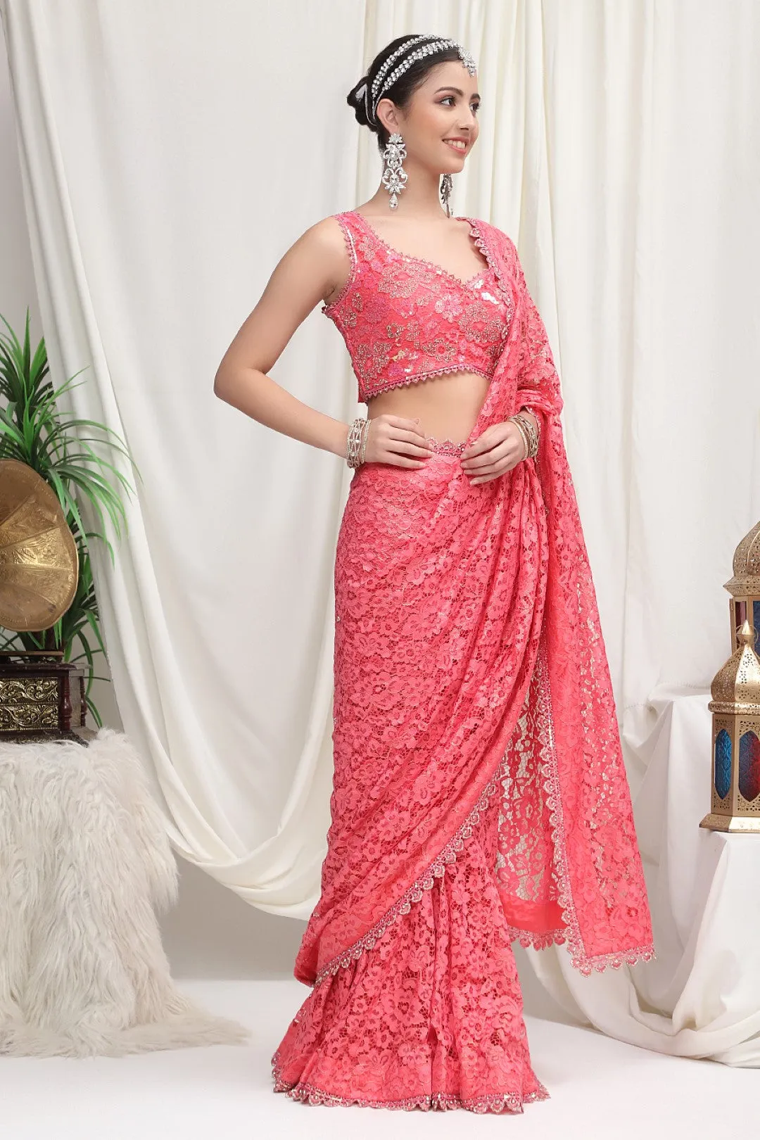 Pink Lace Net Saree with Embroidered Blouse