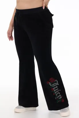 Plus-Size Juicy Roses Bling Snap Pocket Cotton Velour Pants