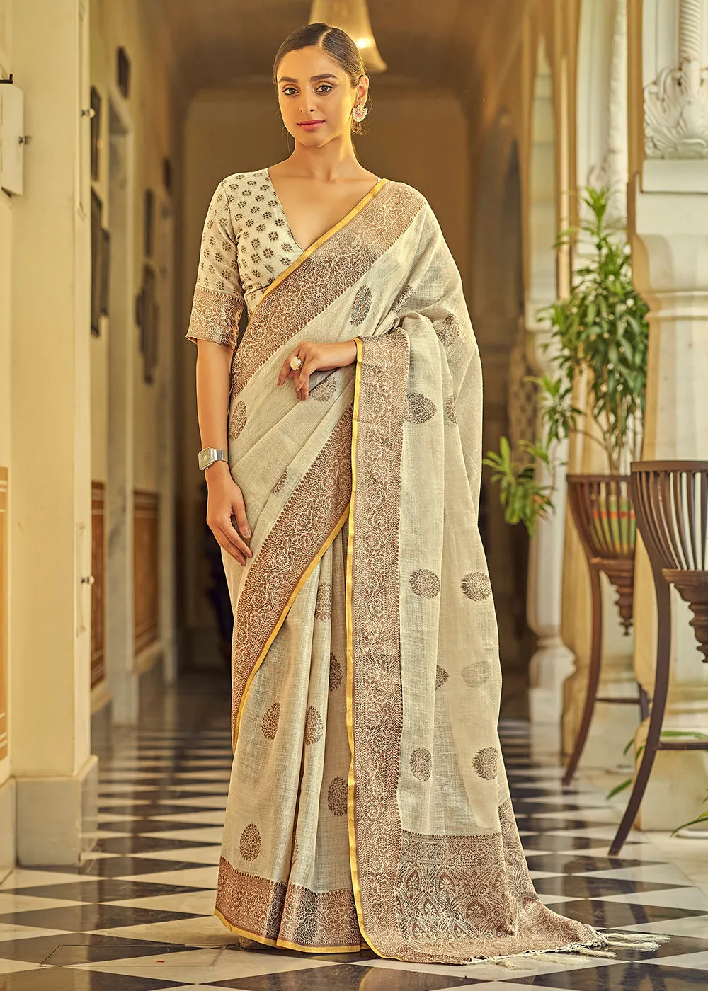 Ravishing Beige Soft Linen Weaving Saree with Belt