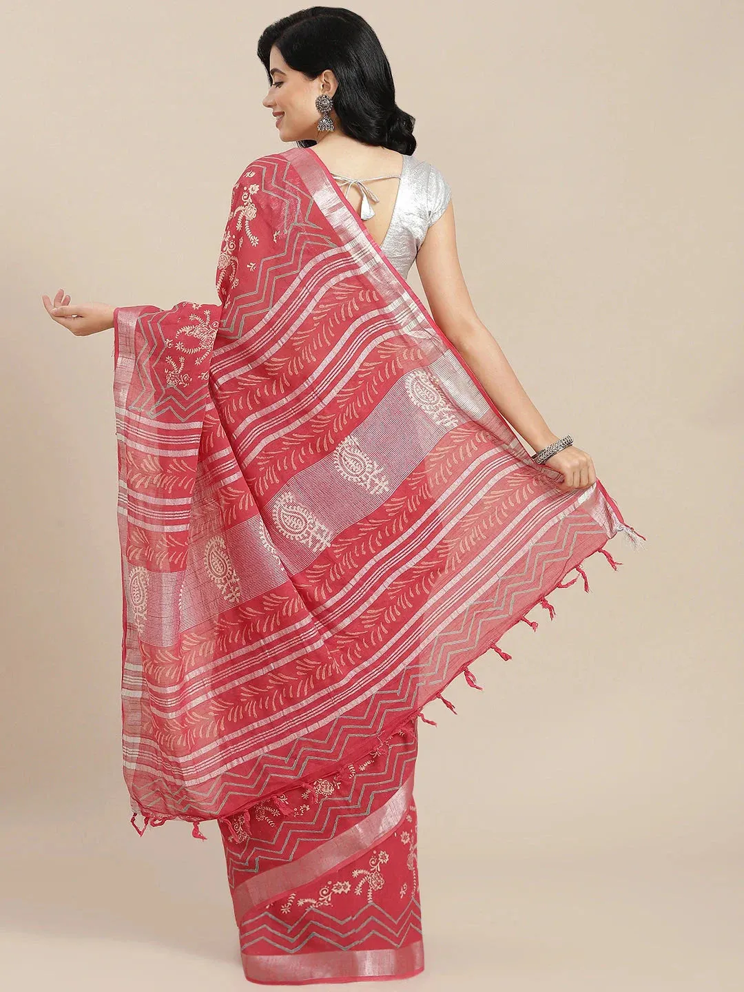 Red Cotton Linen Saree