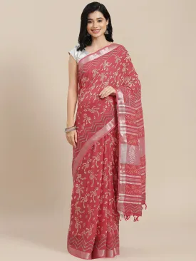 Red Cotton Linen Saree