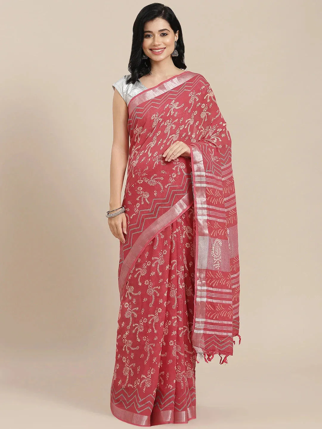 Red Cotton Linen Saree