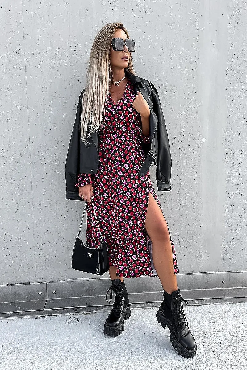 Red Floral Thigh Split Long Sleeve Tiered Hem Midi Dress