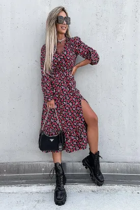 Red Floral Thigh Split Long Sleeve Tiered Hem Midi Dress