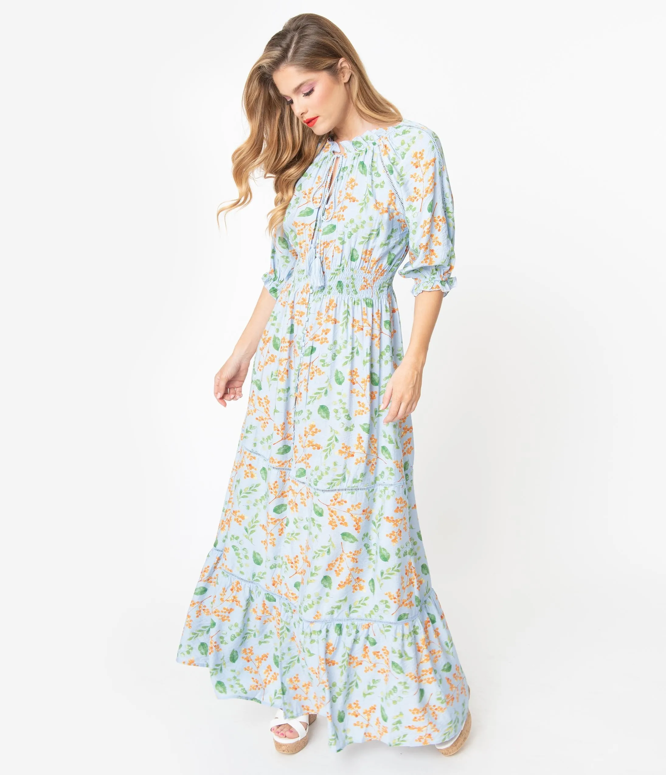 Retro Style Light Blue Floral Print Maxi Dress