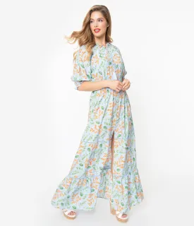 Retro Style Light Blue Floral Print Maxi Dress