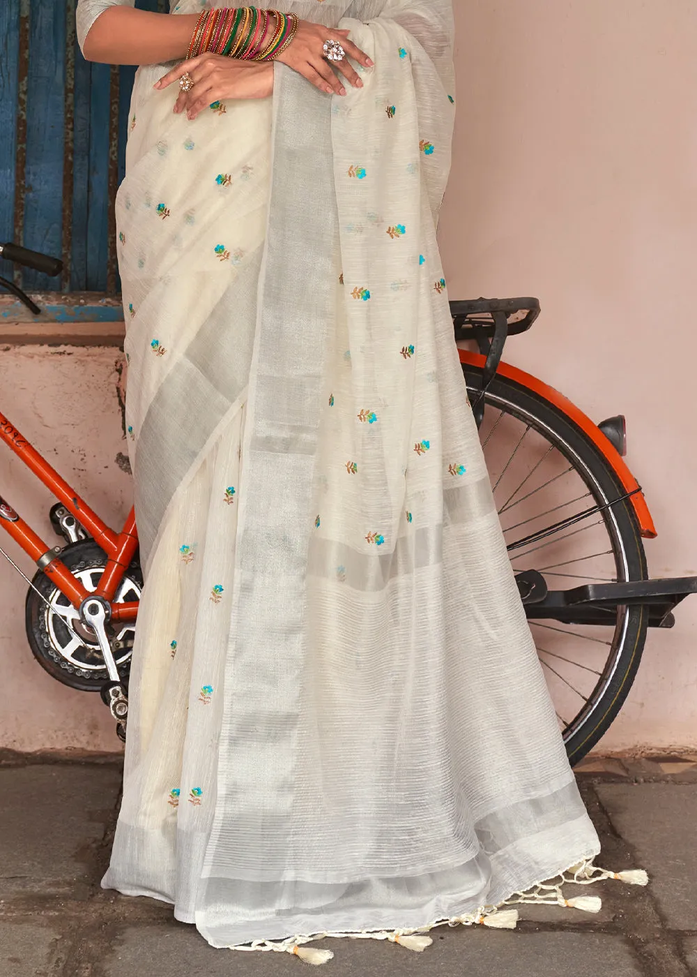 Rice White Floral Embroidered Linen Saree