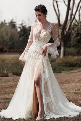 Romantic Bell Sleeve Boho Lace Slit Fit and Flare Nude Wedding Dress