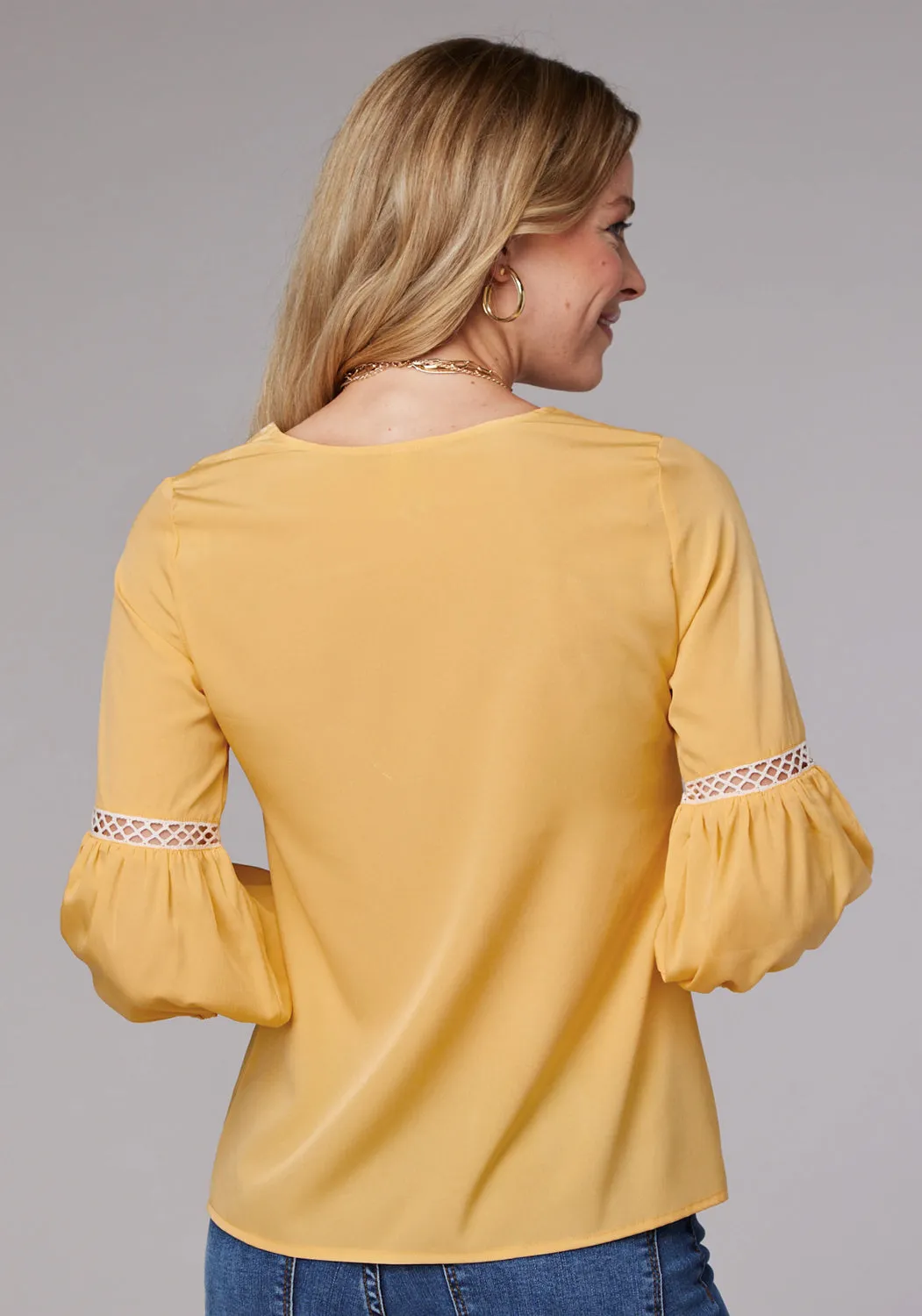 Roper Womens Bishop Sleeve Crepe Yellow 100% Polyester S/S Blouse