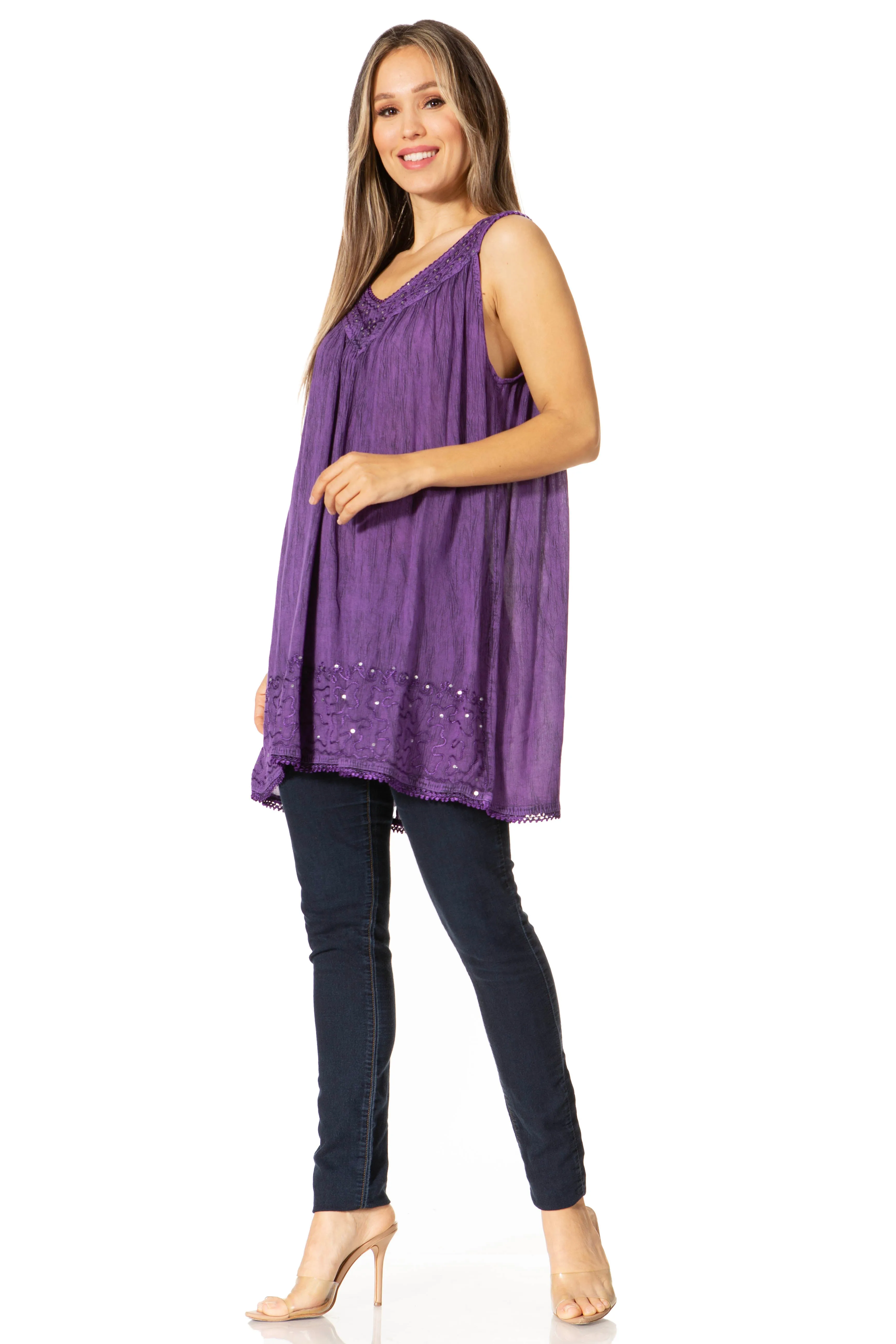 Sakkas Rita Womens Picot Trim V Neck Tank Blouse With Seqins And Embroidery