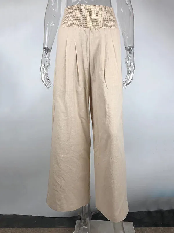 Simple Casual Solid Color Ramie Cotton Wide Legs Pants