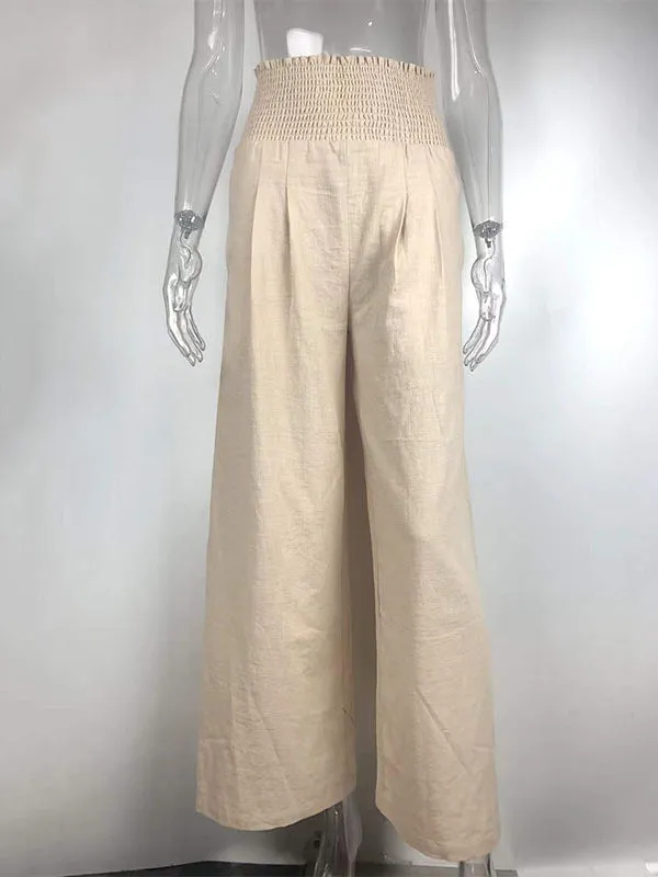 Simple Casual Solid Color Ramie Cotton Wide Legs Pants