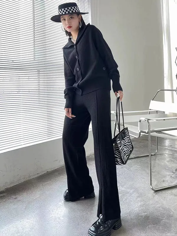 Urban Loose  Solid Color Cardigan Tops & Wide Leg Split-Front Pants Suits