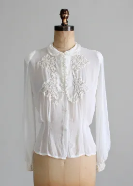 Vintage 1930s White Rayon and Lace Blouse