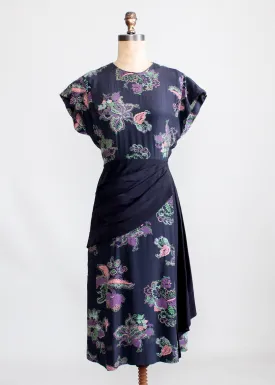 Vintage 1940s Floral Rayon Dress with Swag Front Skirt