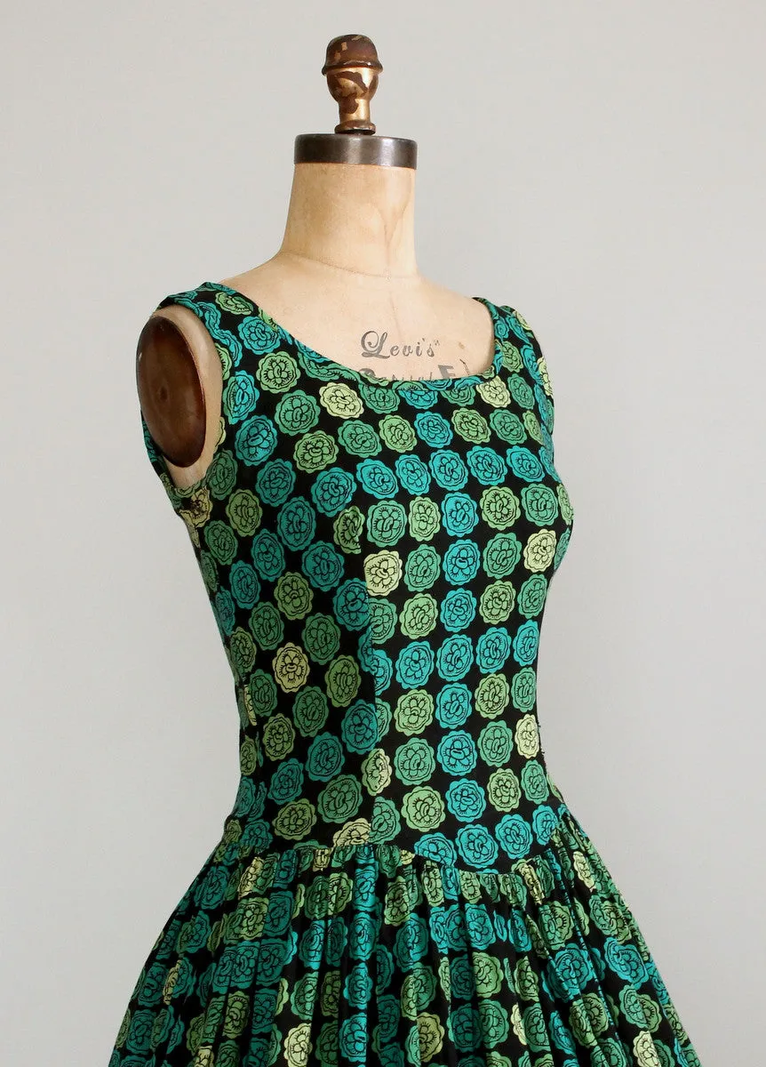 Vintage 1950s Shades of Green Floral Drop Waist Dress