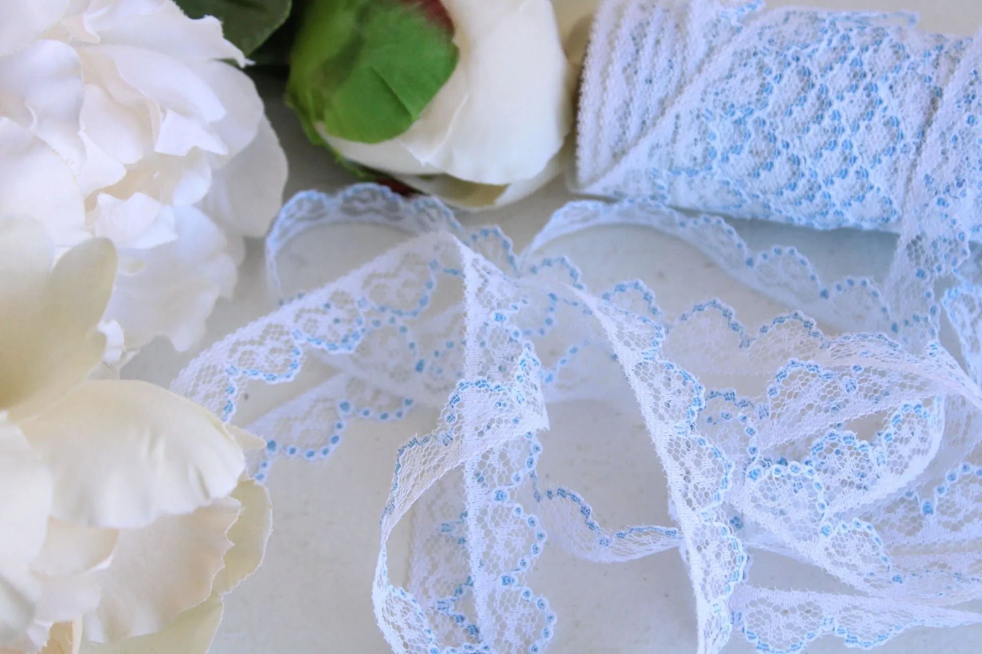 Vintage Lace Trim, White and Blue,  7/16" wide 2 yards