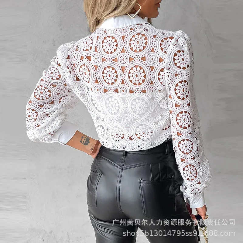 White Lace Blouse/Womens Long Sleeve Hollow Top Shirt