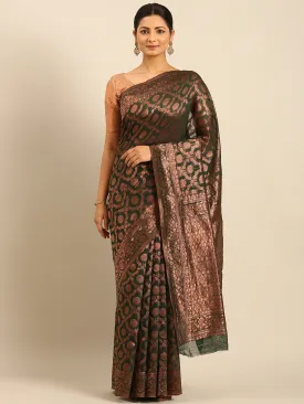 Women Dark Green Cotton Saree With Un Stitched Blouse