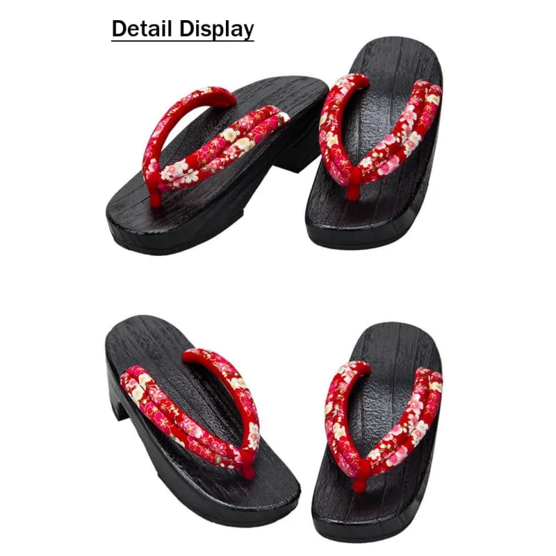 Women High Heel Geta Wooden Sandals [Red Tiny Sakura]